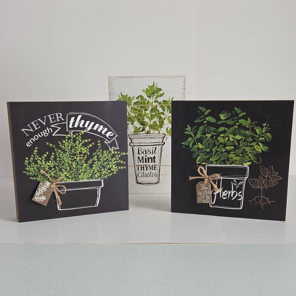 3 Wooden Herb Botanical Farmhouse Kitchen Plaques Decorative Wall Signs
